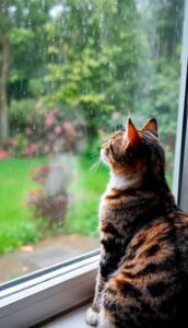 Cat watching the rain through a window