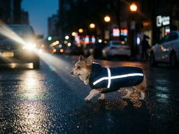 Dog wearing a reflective vest on a wet street at night